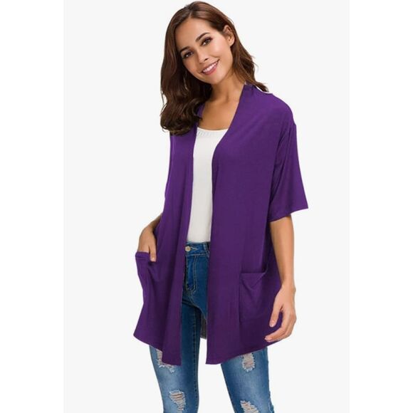 Women's Short Sleeve Open Front Modal Cardigan - Lightweight Drape Hem Sweater - Picture 3 of 6